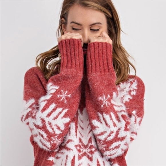Easel Los Angeles Sweaters - Easel LA Red Turtle Neck Sweater w snowflake